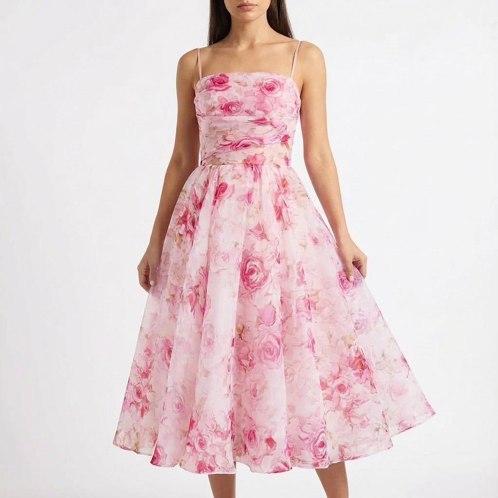 Vestido Midi Mujer Estampado Floral Tirantes Finos Romántico