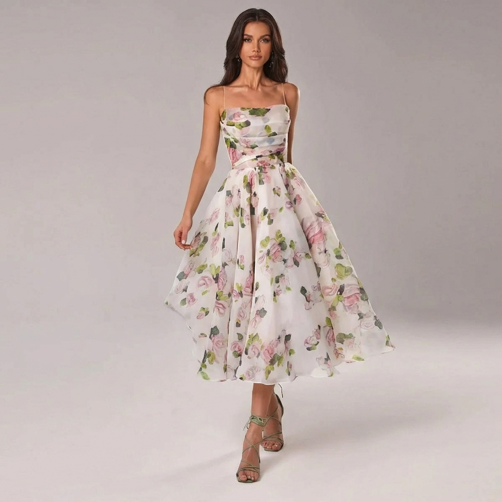 Vestido Midi Mujer Estampado Floral Tirantes Finos Romántico - Mavetta
