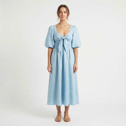 Vestido Midi Mujer con Mangas Abullonadas y Cintura Fruncida - Mavetta