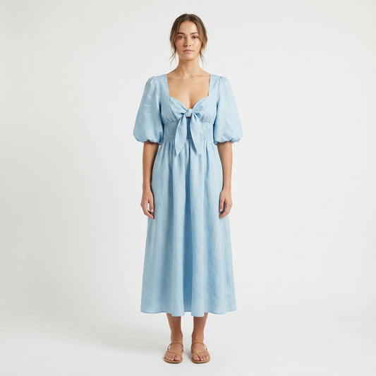 Vestido Midi Mujer con Mangas Abullonadas y Cintura Fruncida - Mavetta