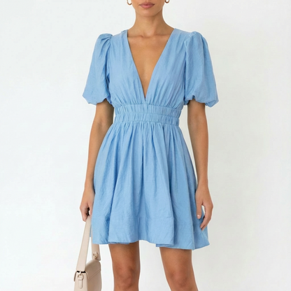 Vestido Mini Mujer Manga Abullonada Escote en V Romántico
