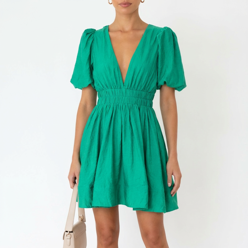 Vestido Mini Mujer Manga Abullonada Escote en V Romántico