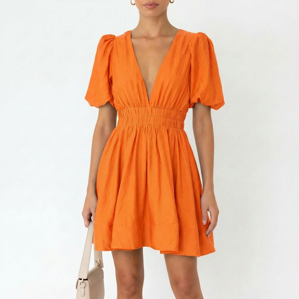 Vestido Mini Mujer Manga Abullonada Escote en V Romántico