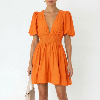 Vestido Mini Mujer Manga Abullonada Escote en V Romántico