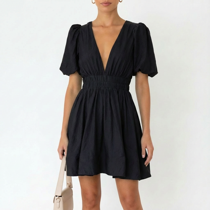 Vestido Mini Mujer Manga Abullonada Escote en V Romántico