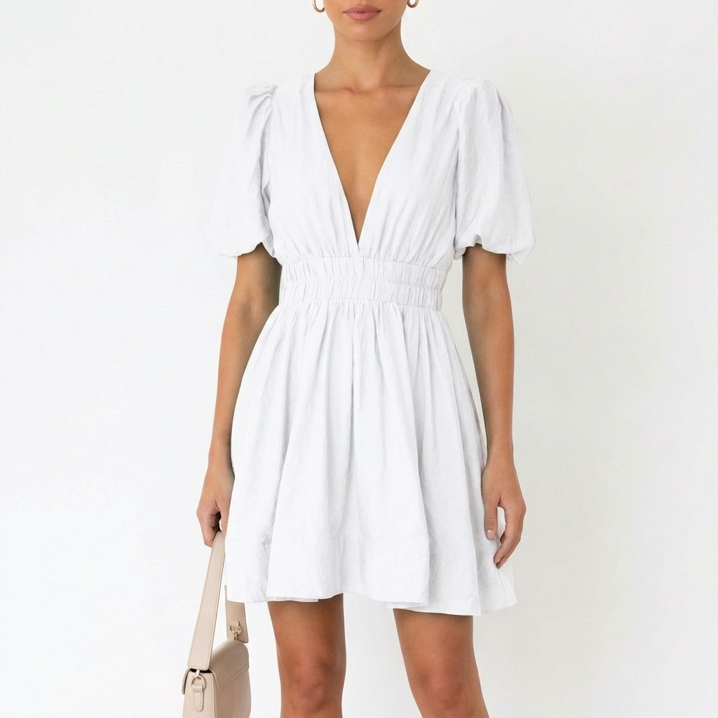 Vestido Mini Mujer Manga Abullonada Escote en V Romántico