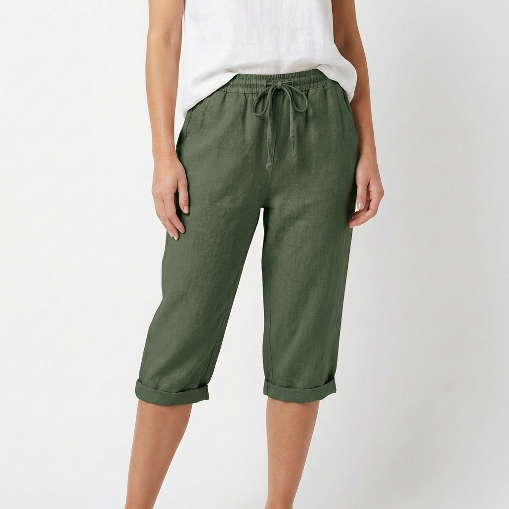 Pantalón Capri Mujer Algodón Cintura con Cordón Bajo Doblado