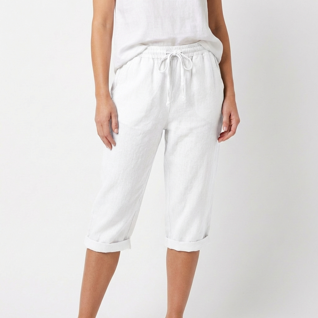 Pantalón Capri Mujer Algodón Cintura con Cordón Bajo Doblado