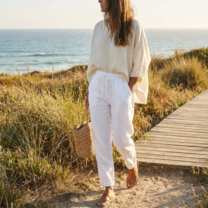 Pantalón Mujer Casual Algodón Cintura Elástica Bajo Doblado