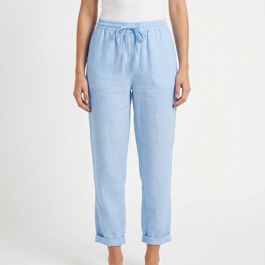 Pantalón Mujer Casual Algodón Cintura Elástica Bajo Doblado