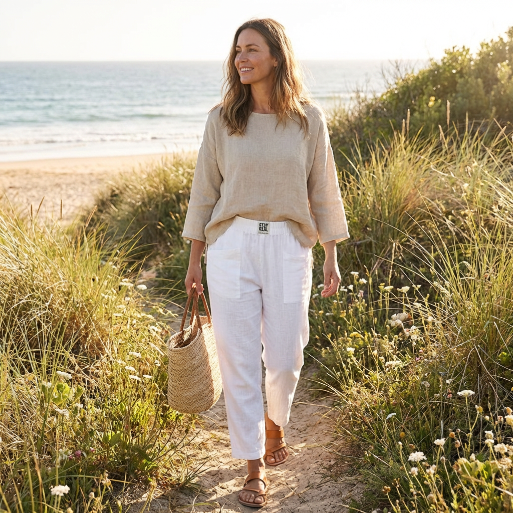 Pantalón Mujer Algodón Cintura Elástica Bolsillos Parche Casual
