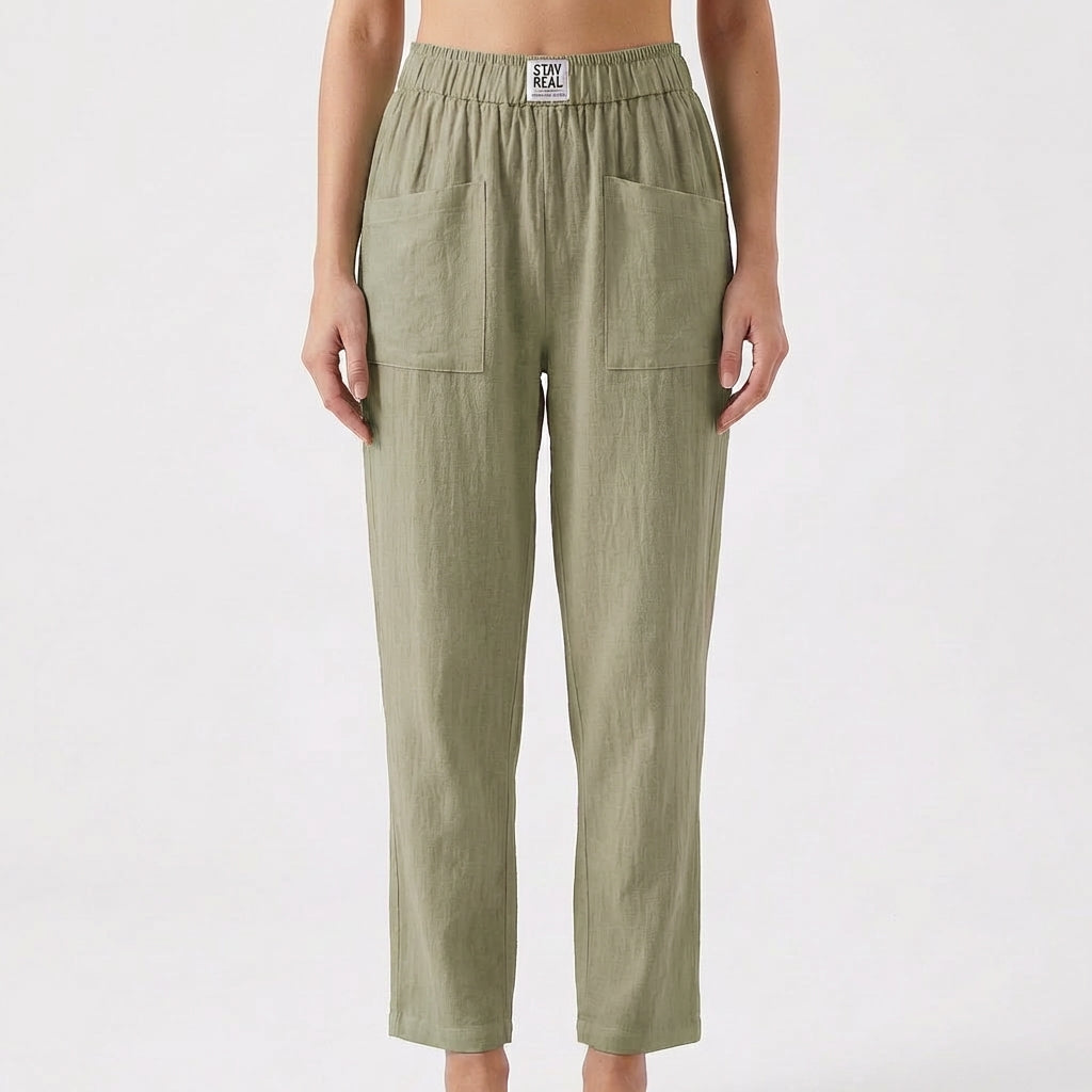 Pantalón Mujer Algodón Cintura Elástica Bolsillos Parche Casual