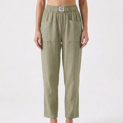 Pantalón Mujer Algodón Cintura Elástica Bolsillos Parche Casual