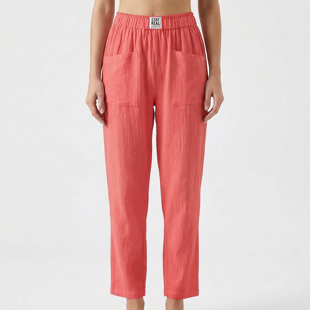 Pantalón Mujer Algodón Cintura Elástica Bolsillos Parche Casual