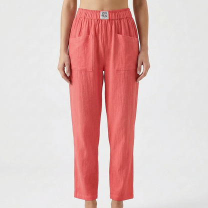 Pantalón Mujer Algodón Cintura Elástica Bolsillos Parche Casual