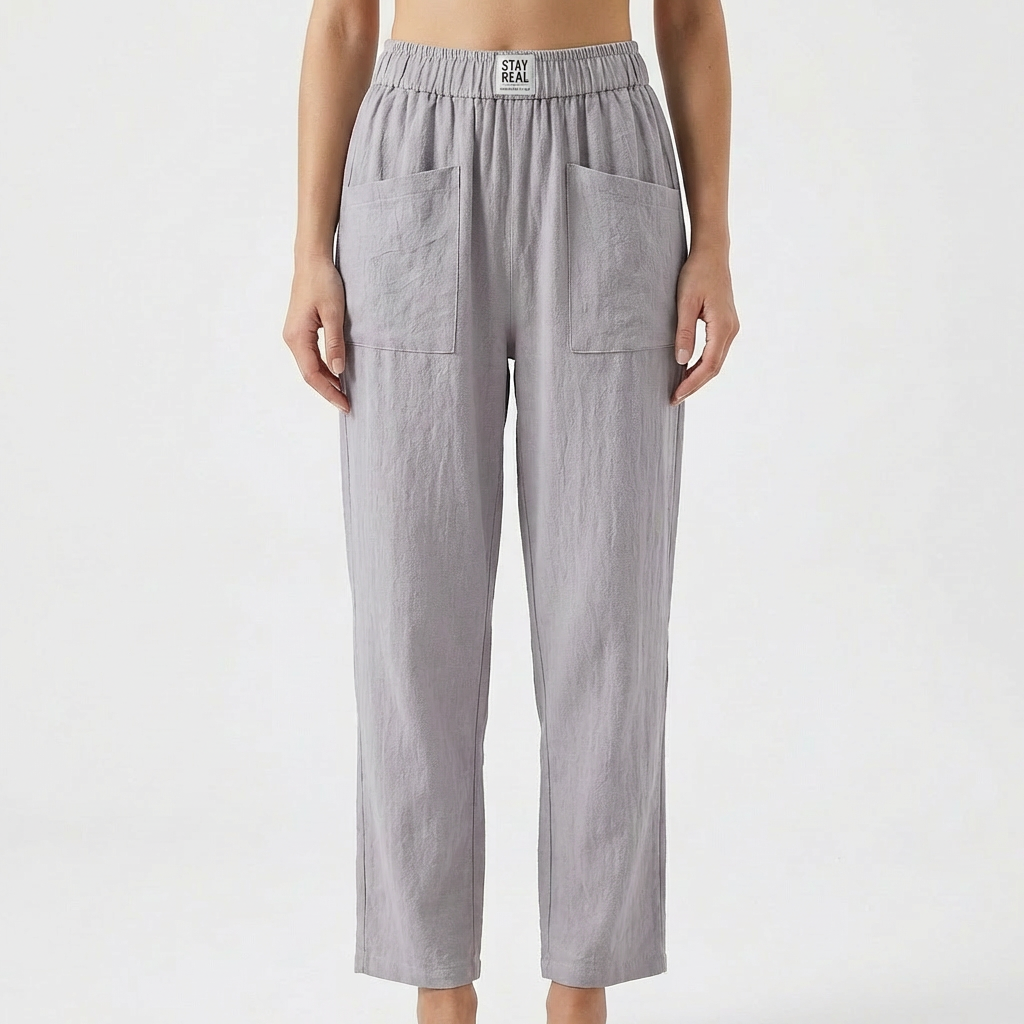 Pantalón Mujer Algodón Cintura Elástica Bolsillos Parche Casual