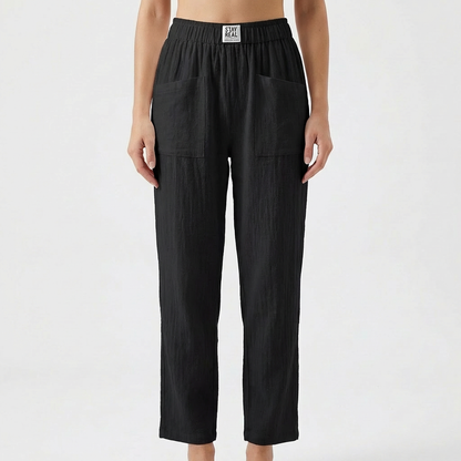 Pantalón Mujer Algodón Cintura Elástica Bolsillos Parche Casual