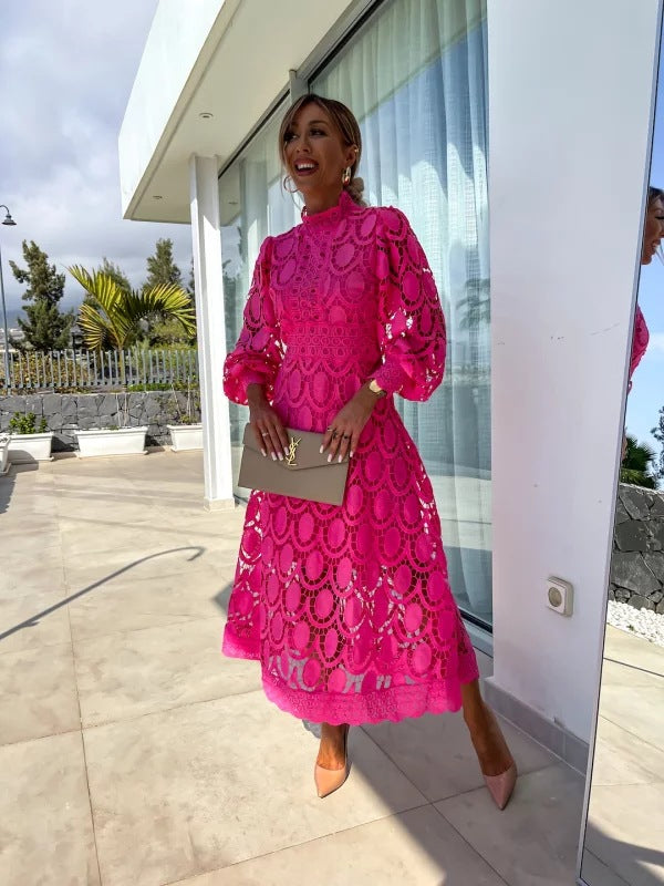 Vestido Largo Mujer Poliéster Encaje Calado Mangas Abullonadas