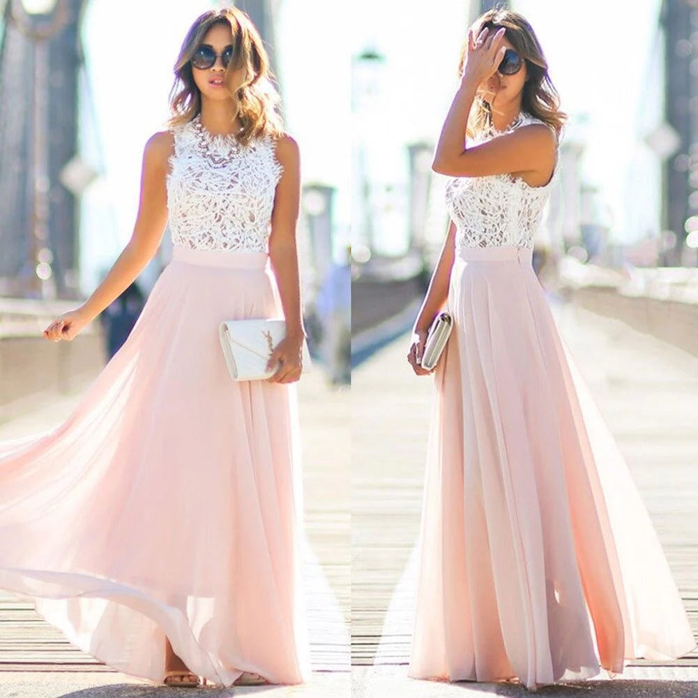 Vestido Largo Mujer de Encaje y Gasa Sin Mangas Corte Línea A