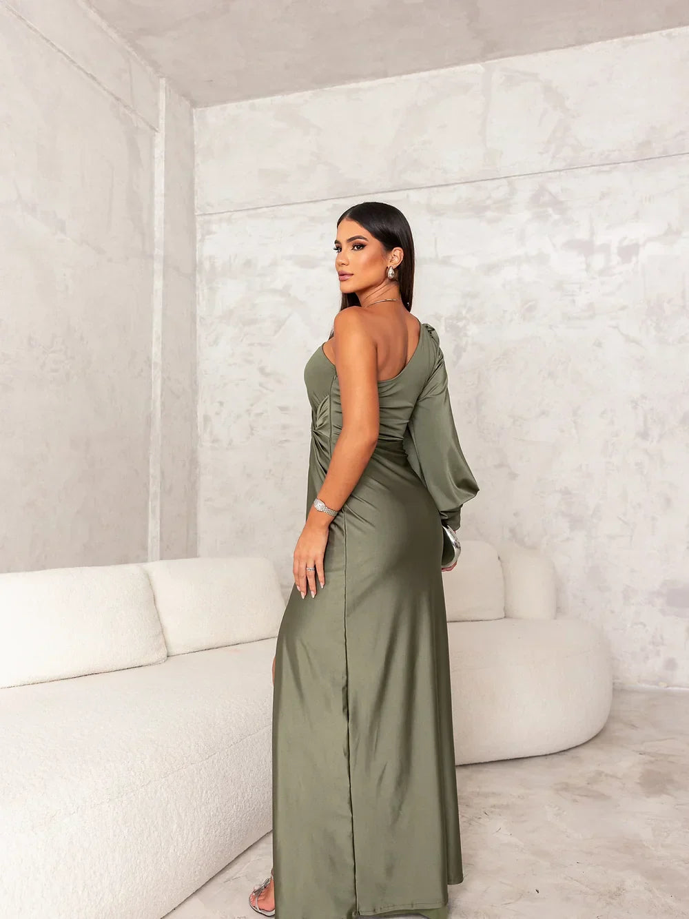 Vestido Largo Mujer de Satén Cuello Diagonal Nudo Abertura Frontal