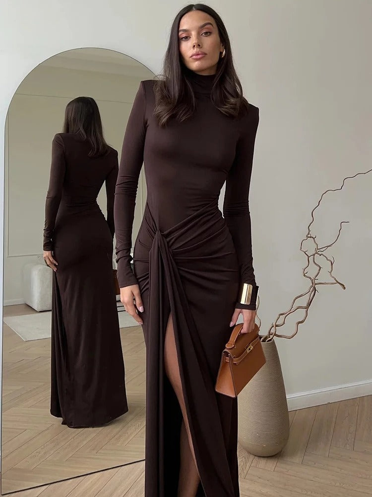 Vestido Largo Mujer Poliéster Spandex Cuello Alto Abertura Pierna