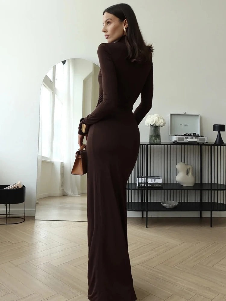 Vestido Largo Mujer Poliéster Spandex Cuello Alto Abertura Pierna