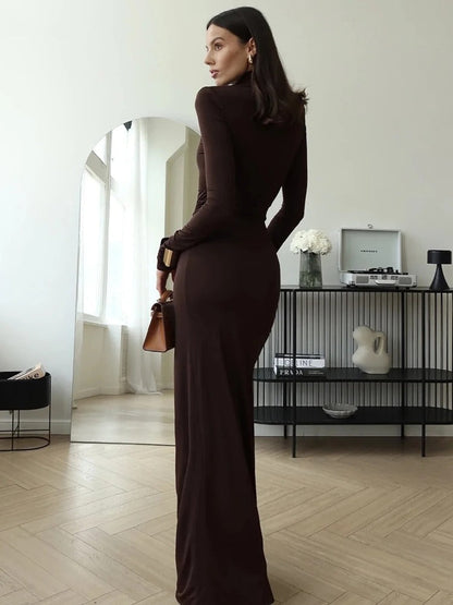 Vestido Largo Mujer Poliéster Spandex Cuello Alto Abertura Pierna