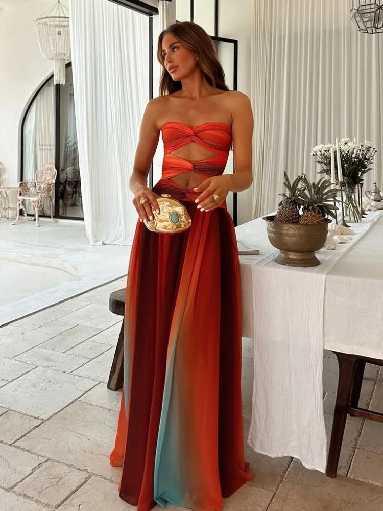 Vestido Largo Mujer Poliéster Escote Palabra de Honor Aberturas