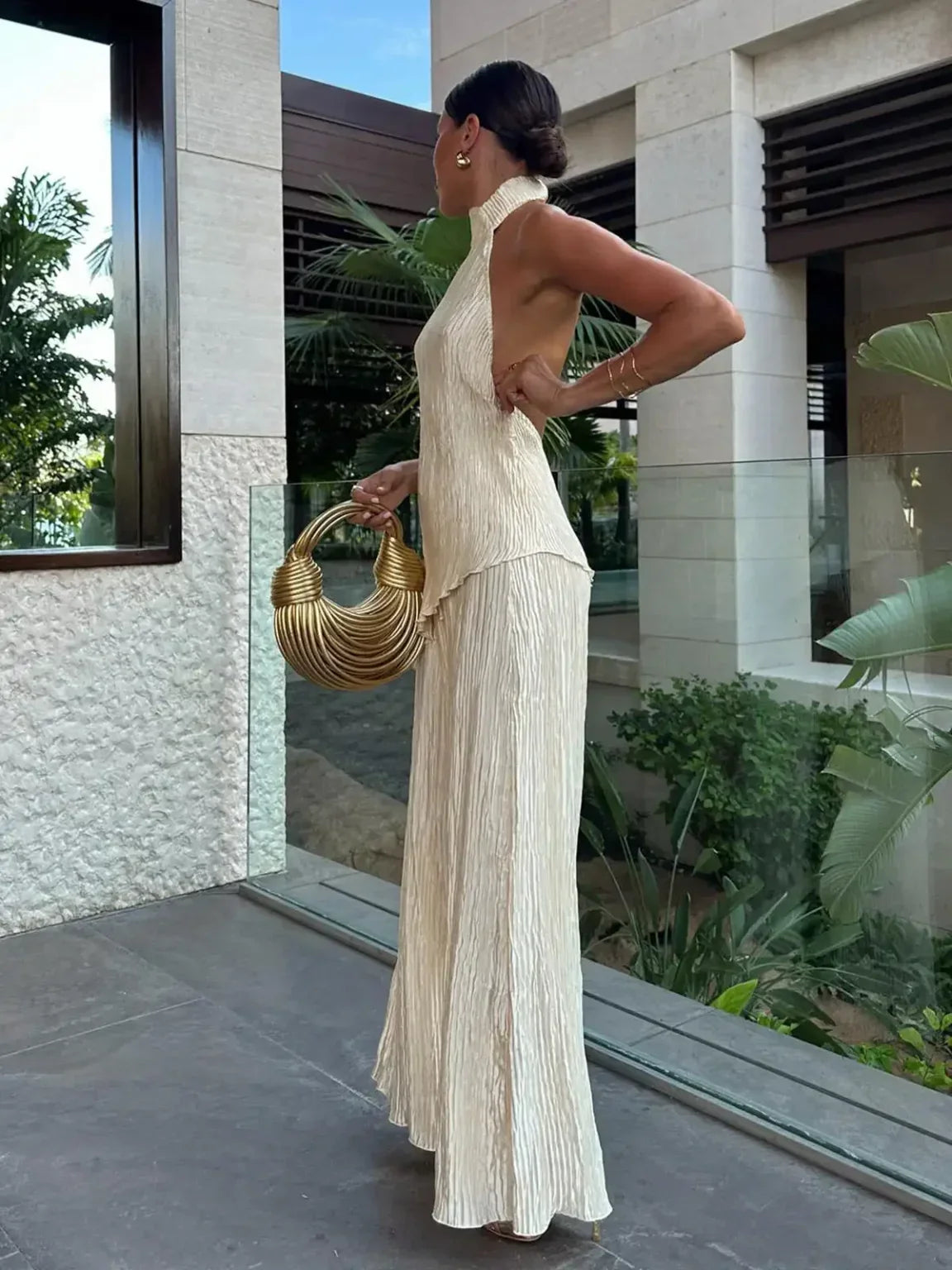 Conjunto Mujer Pantalón y Halter Poliéster Plisado Dos Piezas