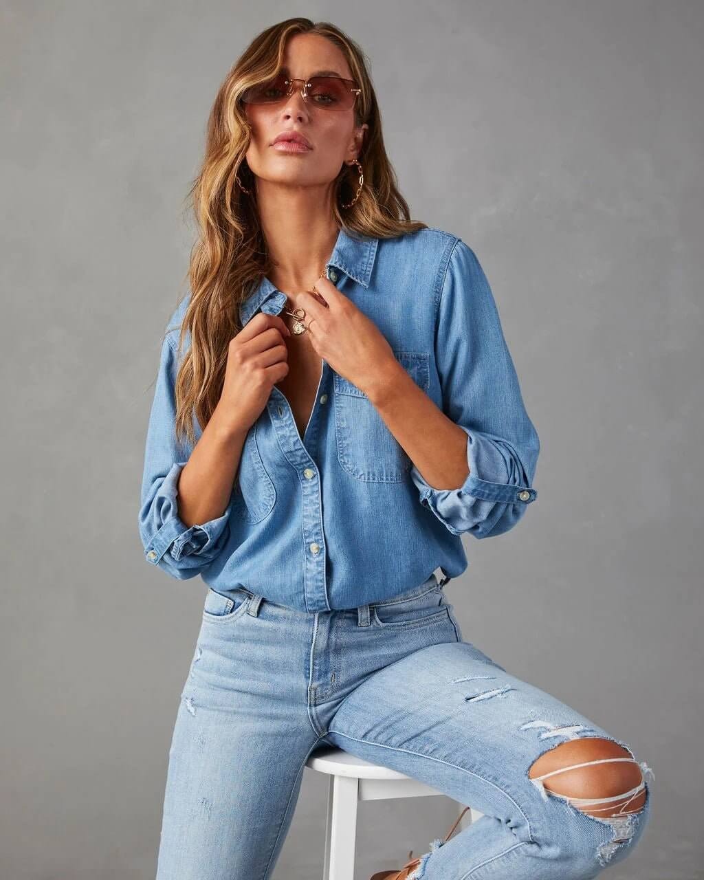 Camisa Mujer de Poliéster Mezclilla Cuello Desplegable Manga Larga