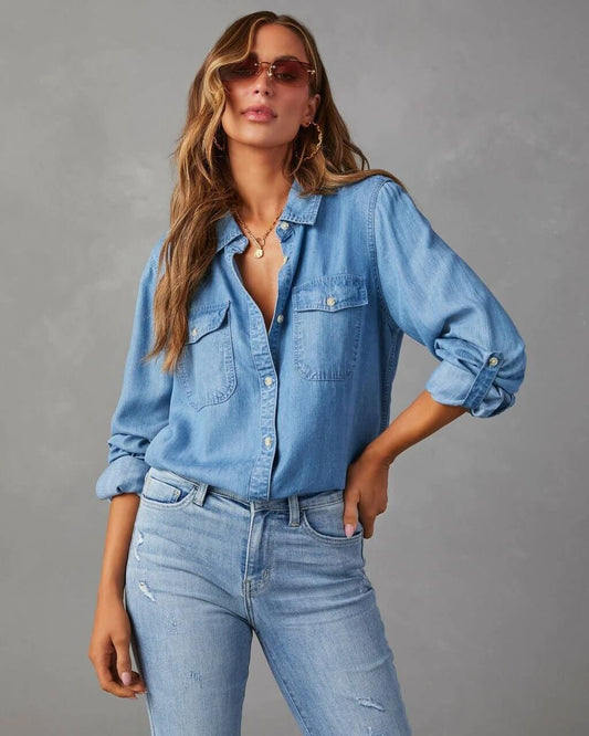 Camisa Mujer de Poliéster Mezclilla Cuello Desplegable Manga Larga - Mavetta