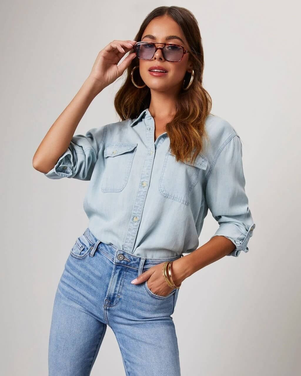 Camisa Mujer de Poliéster Mezclilla Cuello Desplegable Manga Larga