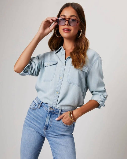 Camisa Mujer de Poliéster Mezclilla Cuello Desplegable Manga Larga