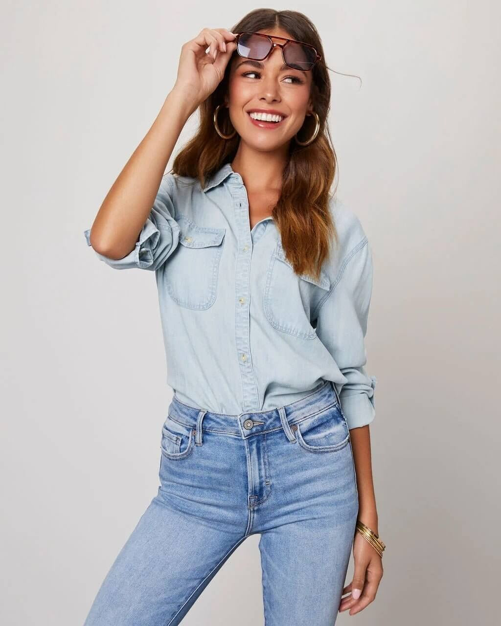 Camisa Mujer de Poliéster Mezclilla Cuello Desplegable Manga Larga
