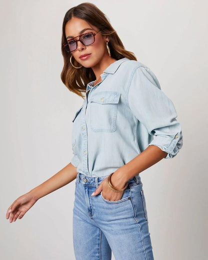 Camisa Mujer de Poliéster Mezclilla Cuello Desplegable Manga Larga