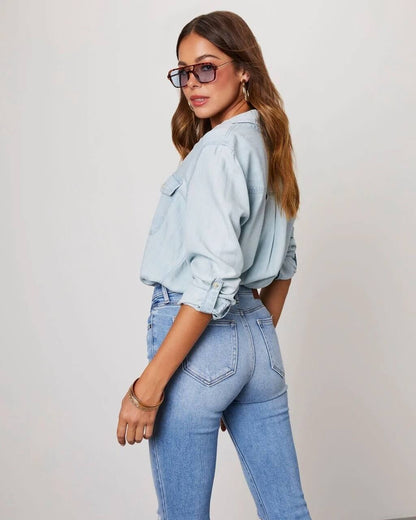 Camisa Mujer de Poliéster Mezclilla Cuello Desplegable Manga Larga