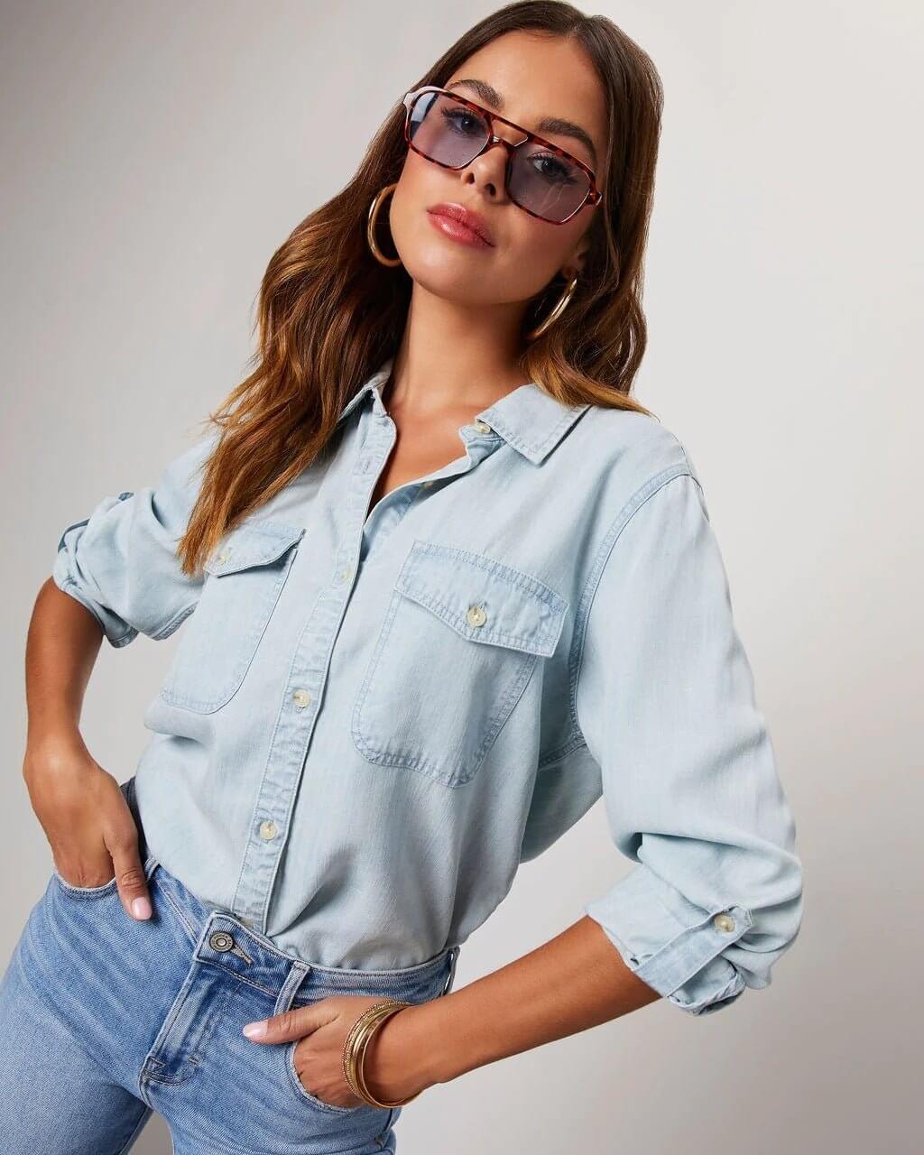Camisa Mujer de Poliéster Mezclilla Cuello Desplegable Manga Larga