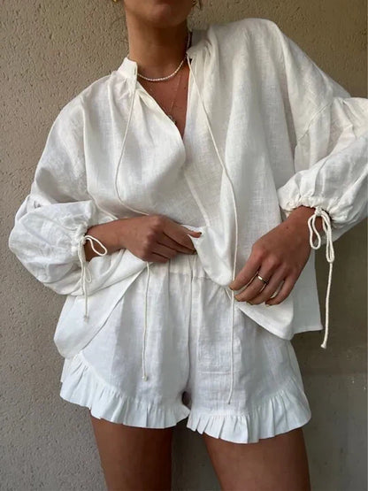 Conjunto Mujer Blusa y Pantalón Corto Poliéster Cuello en V Volantes