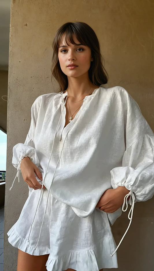 Conjunto Mujer Blusa y Pantalón Corto Poliéster Cuello en V Volantes - Mavetta
