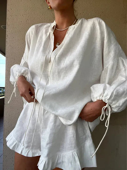 Conjunto Mujer Blusa y Pantalón Corto Poliéster Cuello en V Volantes