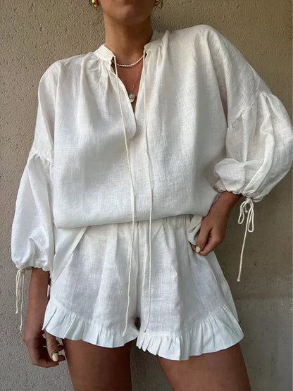 Conjunto Mujer Blusa y Pantalón Corto Poliéster Cuello en V Volantes
