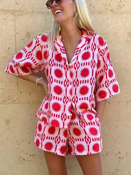 Conjunto Mujer Camisa Manga Corta y Pantalón Corto Estampado - Mavetta