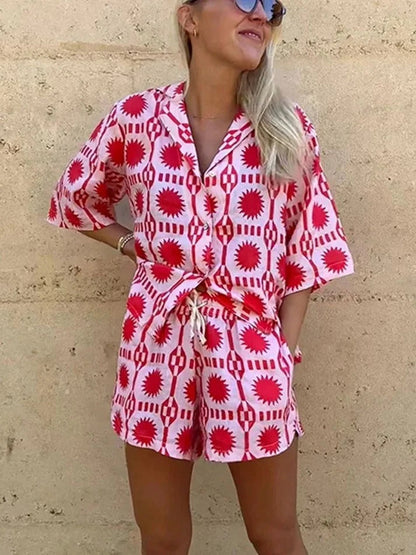 Conjunto Mujer Camisa Manga Corta y Pantalón Corto Estampado