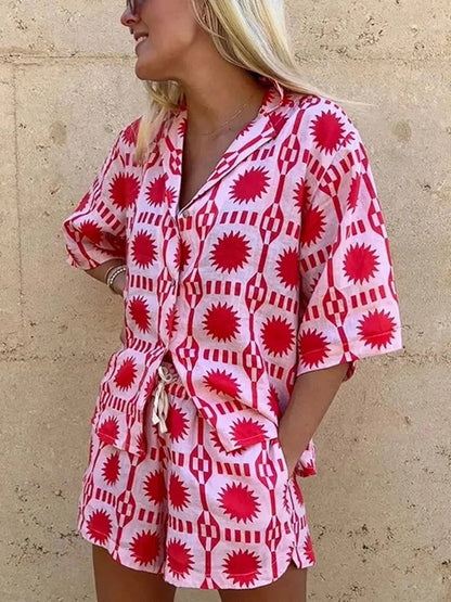 Conjunto Mujer Camisa Manga Corta y Pantalón Corto Estampado