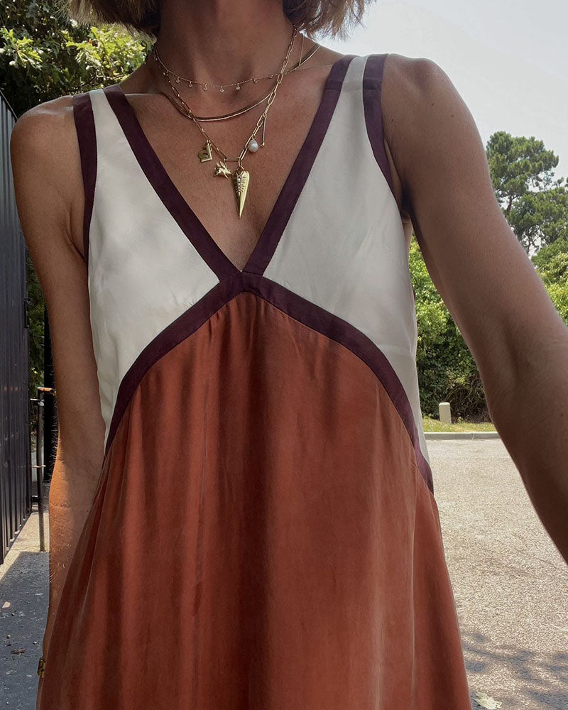 Vestido Largo Mujer de Poliéster Cuello en V Patchwork