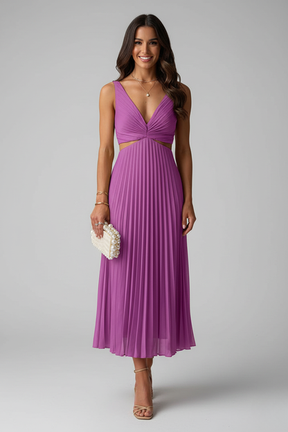 Vestido Largo Mujer de Poliéster y Spandex Plisado Cuello en V
