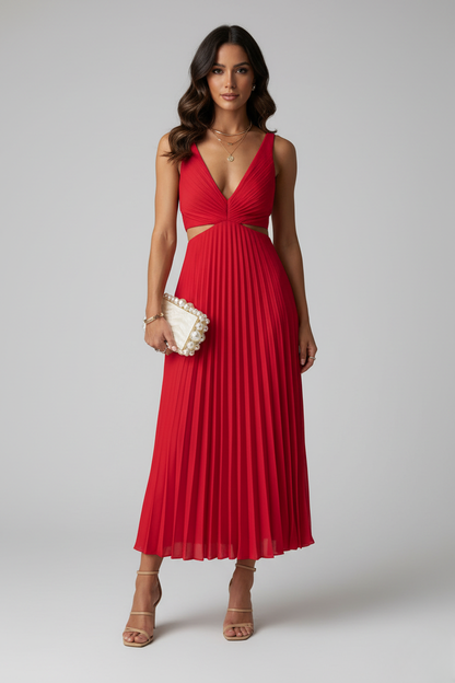 Vestido Largo Mujer de Poliéster y Spandex Plisado Cuello en V