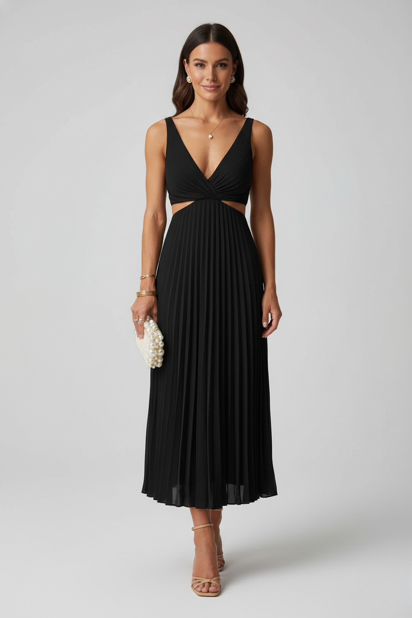 Vestido Largo Mujer de Poliéster y Spandex Plisado Cuello en V