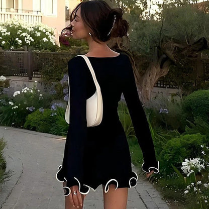 Vestido Mini Mujer de Poliéster y Spandex Cuello Redondo Volantes