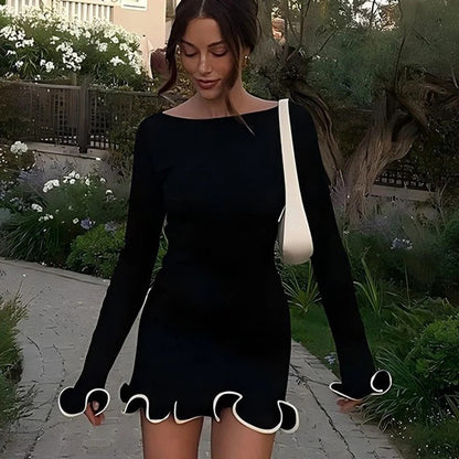 Vestido Mini Mujer de Poliéster y Spandex Cuello Redondo Volantes